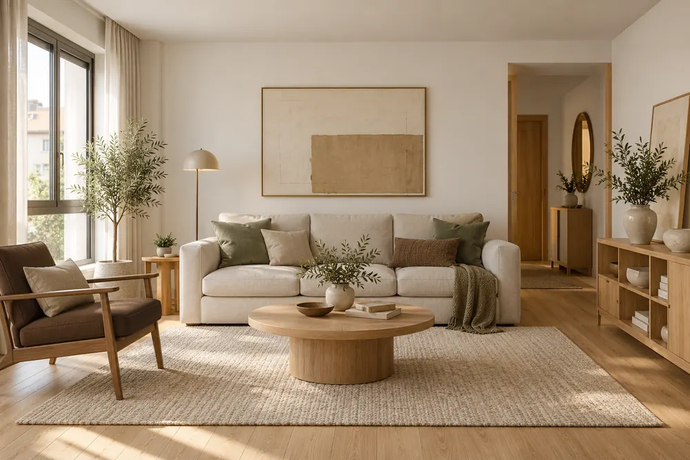 Ejemplo de propuesta 3D: salón en blanco roto, lino, roble y cojines verde salvia