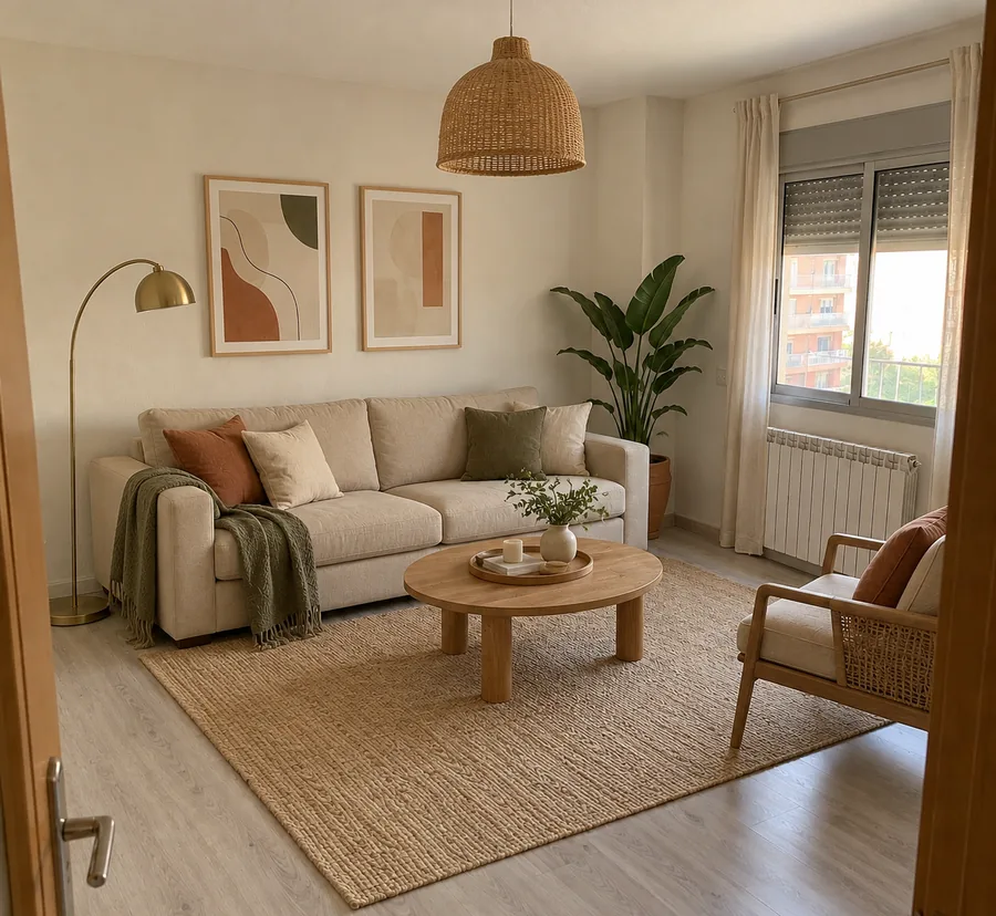 El mismo salón desde la misma puerta, amueblado: sofá beige, mesa de centro redonda de madera, butaca de ratán, alfombra de yute, lámpara de arco y cortinas de lino